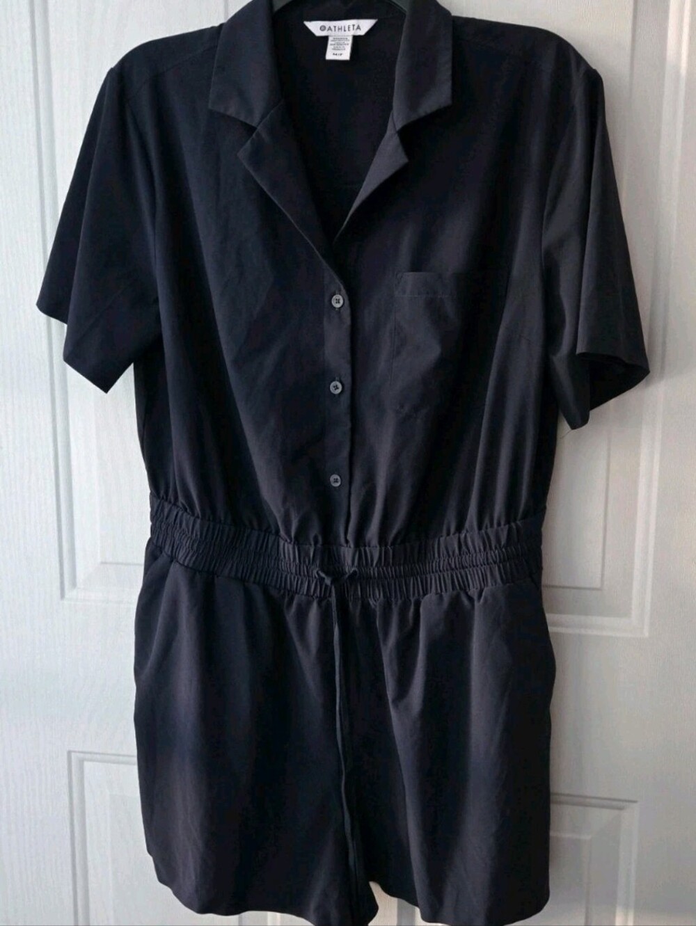 Athleta Avenue Romper M/P Medium Petite Navy Blue Short Sleeve Button Utility